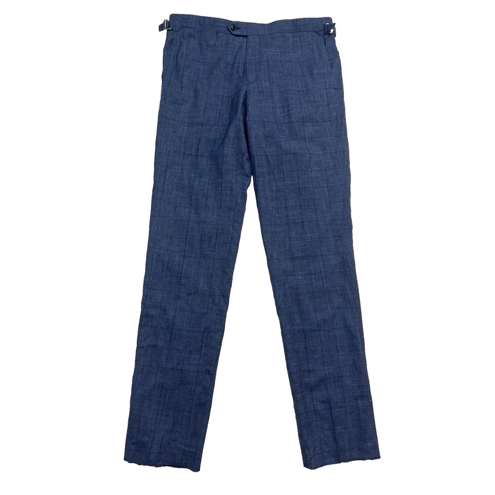 Atelier Munro Custom 38 Navy Blue Chambray Plaid Wool Silk Linen Pants Trousers
